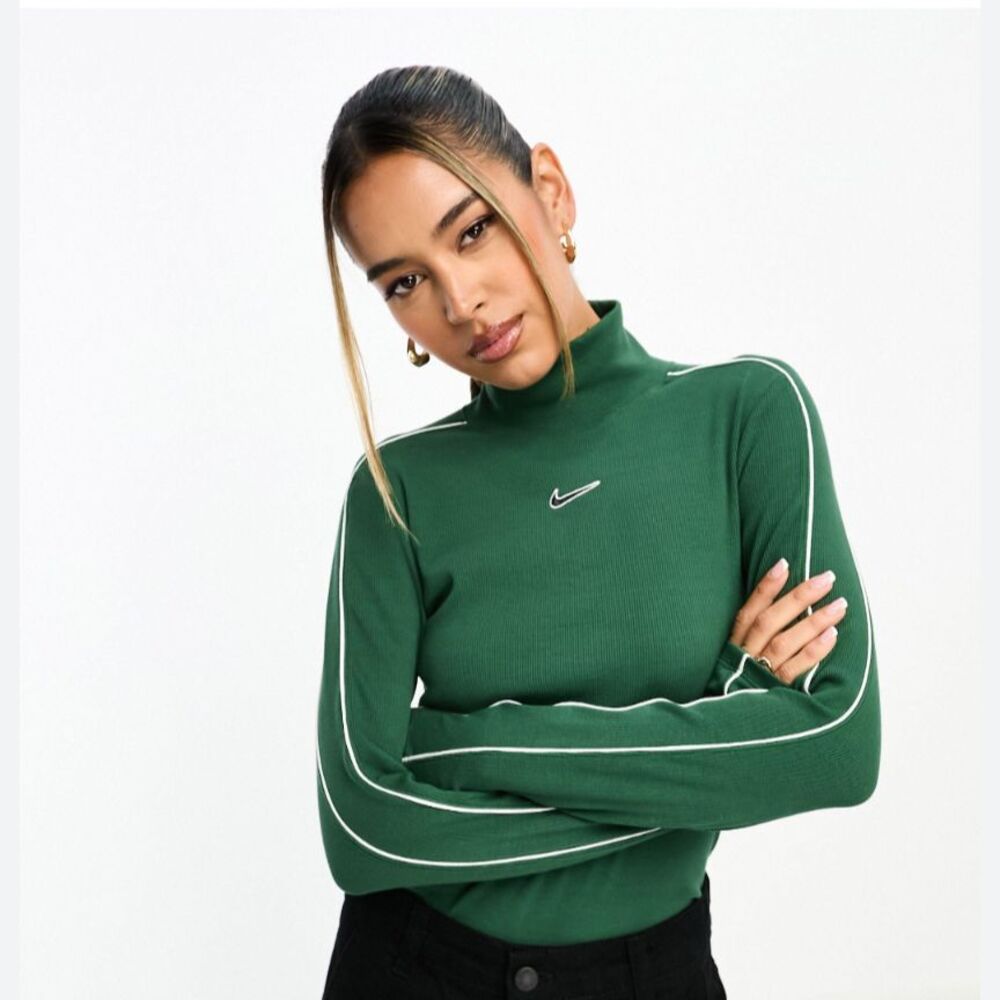 Nike Women's Small Ribbed Mock Neck Top Green Long Sleeve White Piping Cotton